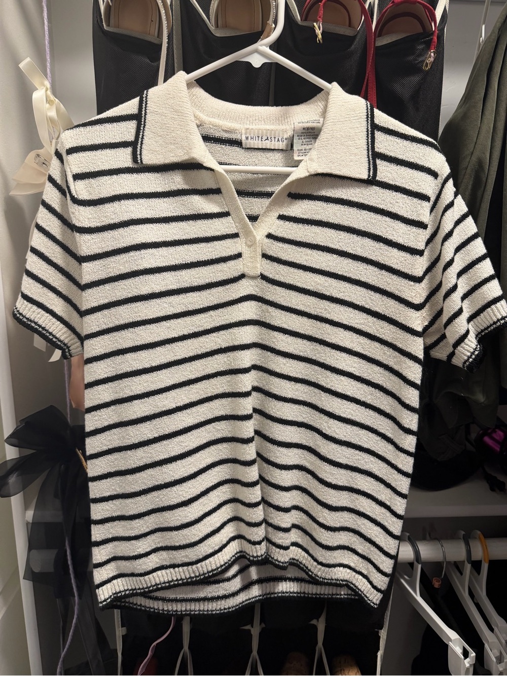 White Stag Cream and Black Striped Polo Knit Top
